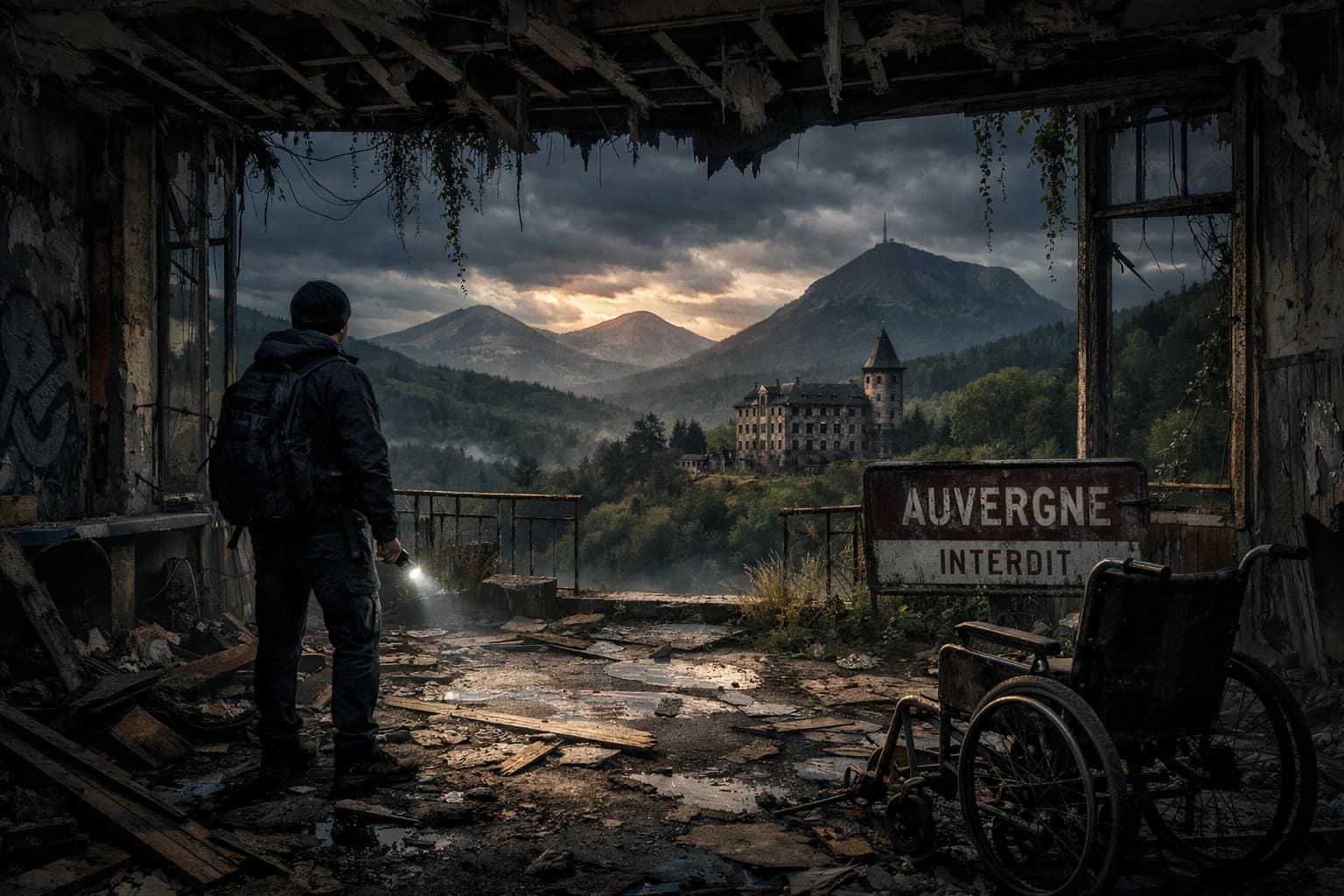 Explorateur face aux montagnes d'Auvergne