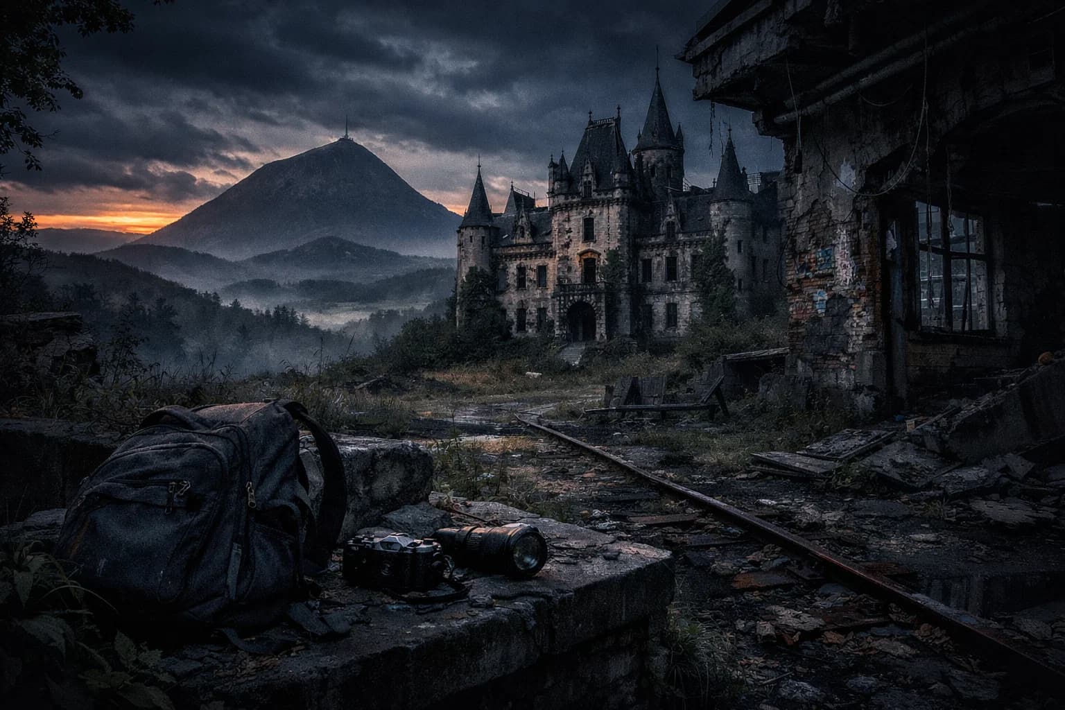 Château abandonné dans la brume