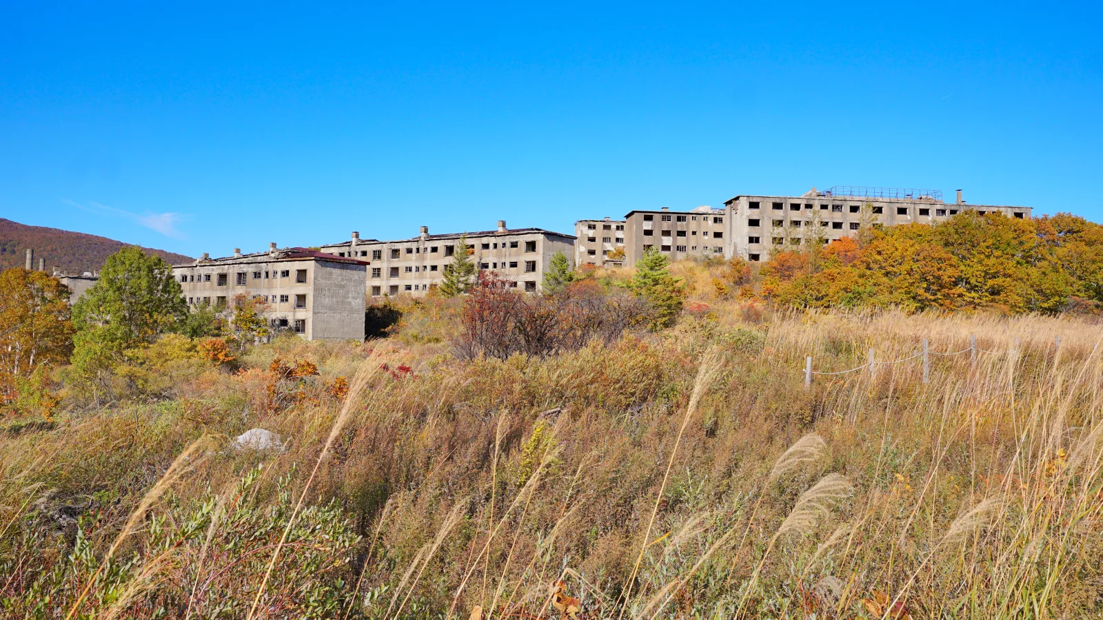 Les immeubles d'habitation en béton en ruine de la mine de Matsuo, à flanc de montagne au Japon