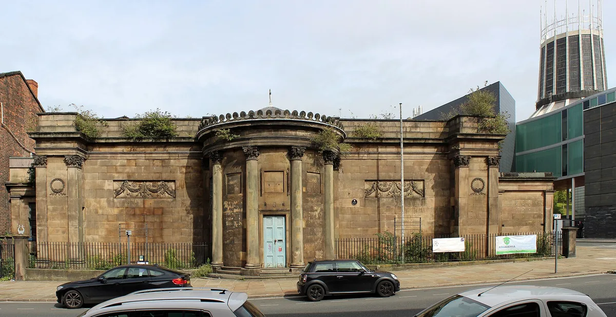 The curved Regency facade of the derelict Wellington Rooms on Mount Pleasant, Liverpool