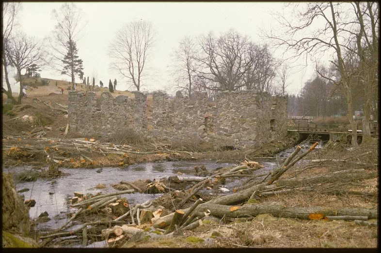 The roofless stone ruin of Långasjönäs paper mill in Blekinge
