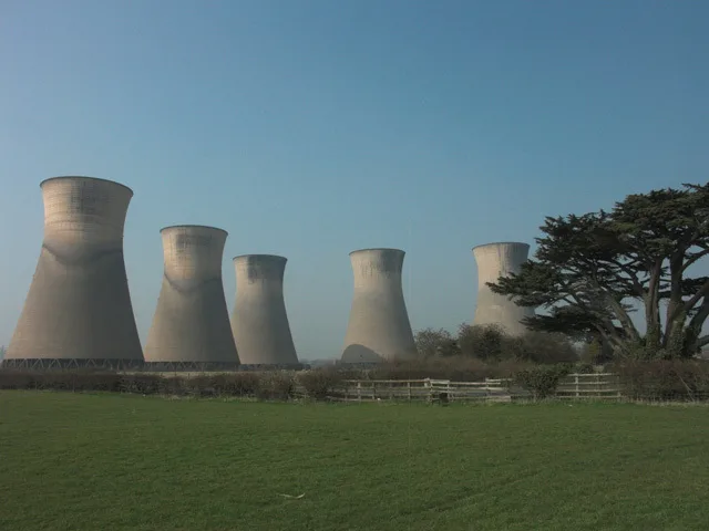 The five hyperboloid cooling towers of the disused Willington power station in Derbyshire