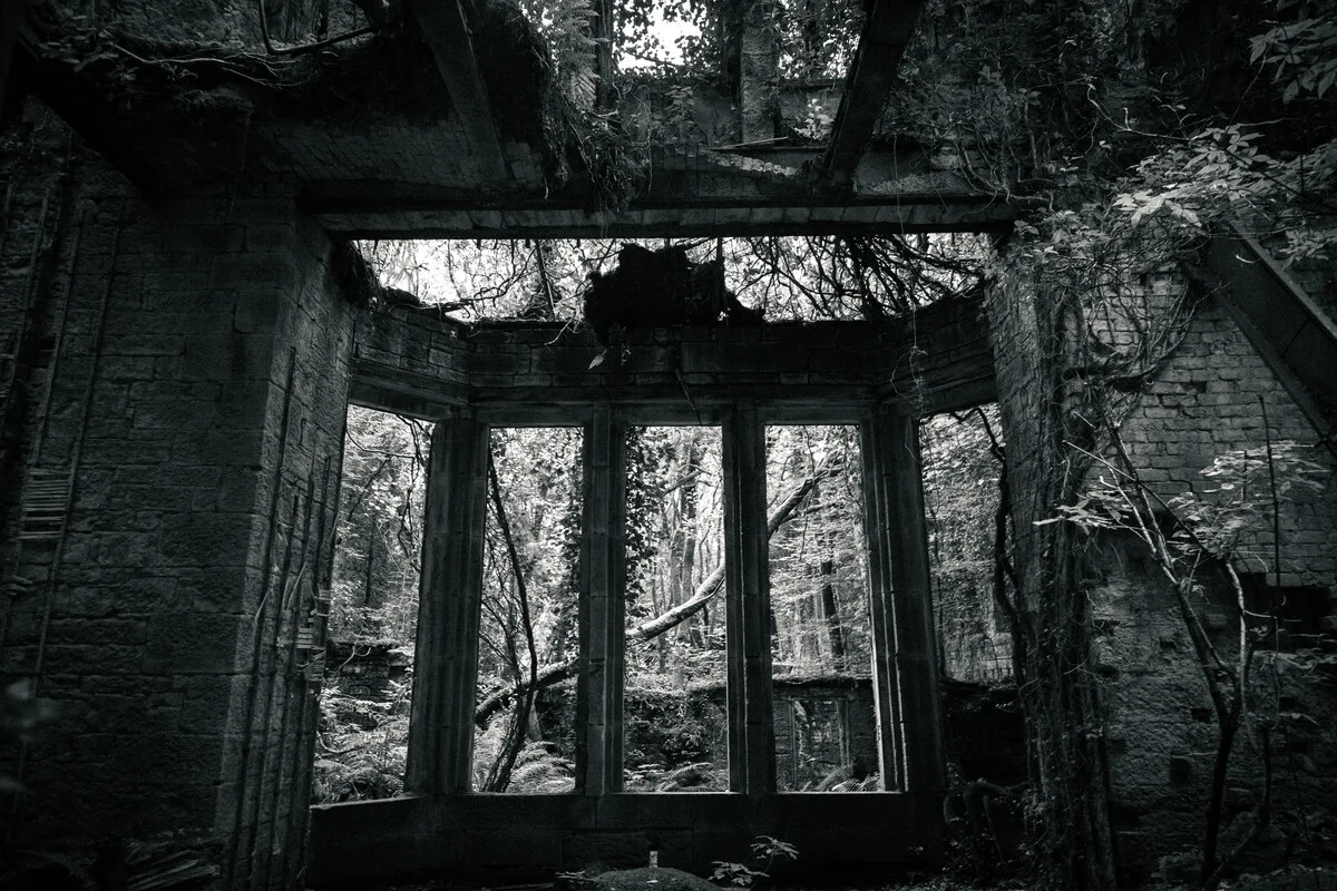 The roofless, overgrown shell of Buchanan Castle near Drymen in Stirlingshire
