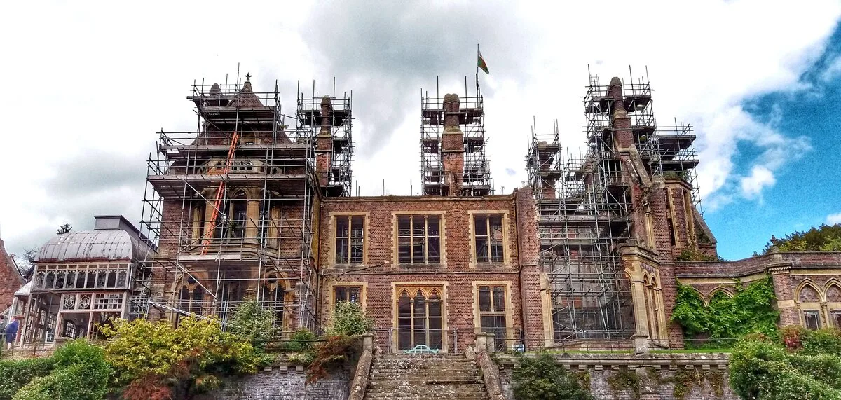 The fire-gutted Gothic Revival shell of Hafodunos Hall at Llangernyw in Conwy