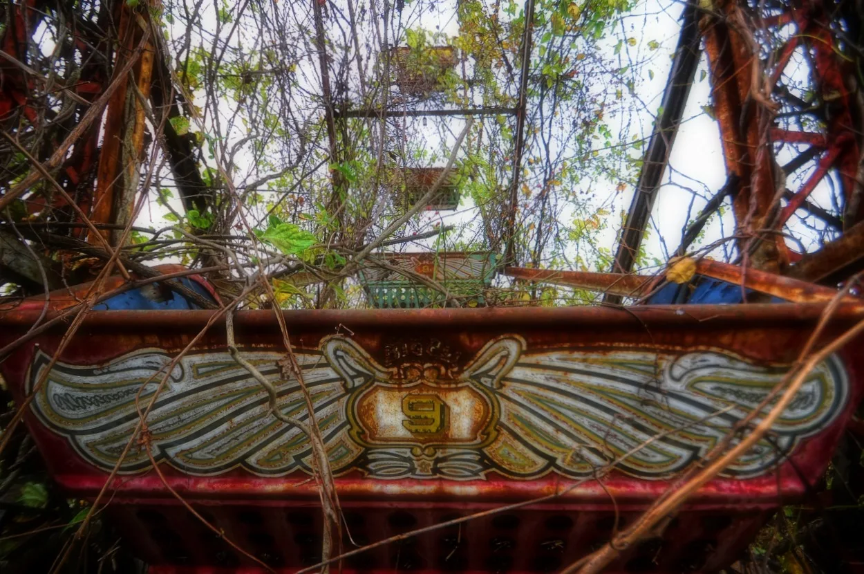 Nacelle rouillée et envahie de lianes du parc d'attractions abandonné de Lake Shawnee, en Virginie-Occidentale