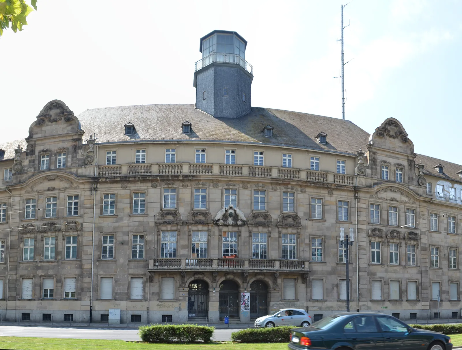 Monumental facade of the empty old police headquarters on Friedrich-Ebert-Anlage in Frankfurt, with its main portal and tower