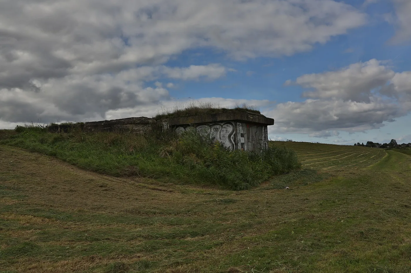 Overwoekerd verlaten betonnen fort met grasgracht van Fort benoorden Spaarndam onder een bewolkte lucht