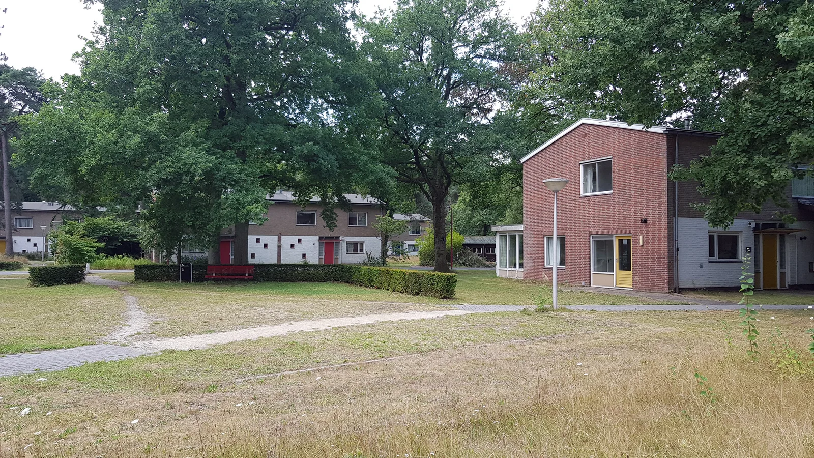 Leegstaande gebouwen op het bosrijke Pro Persona-terrein in Wolfheze, verlaten paviljoenen tussen het hoge gras