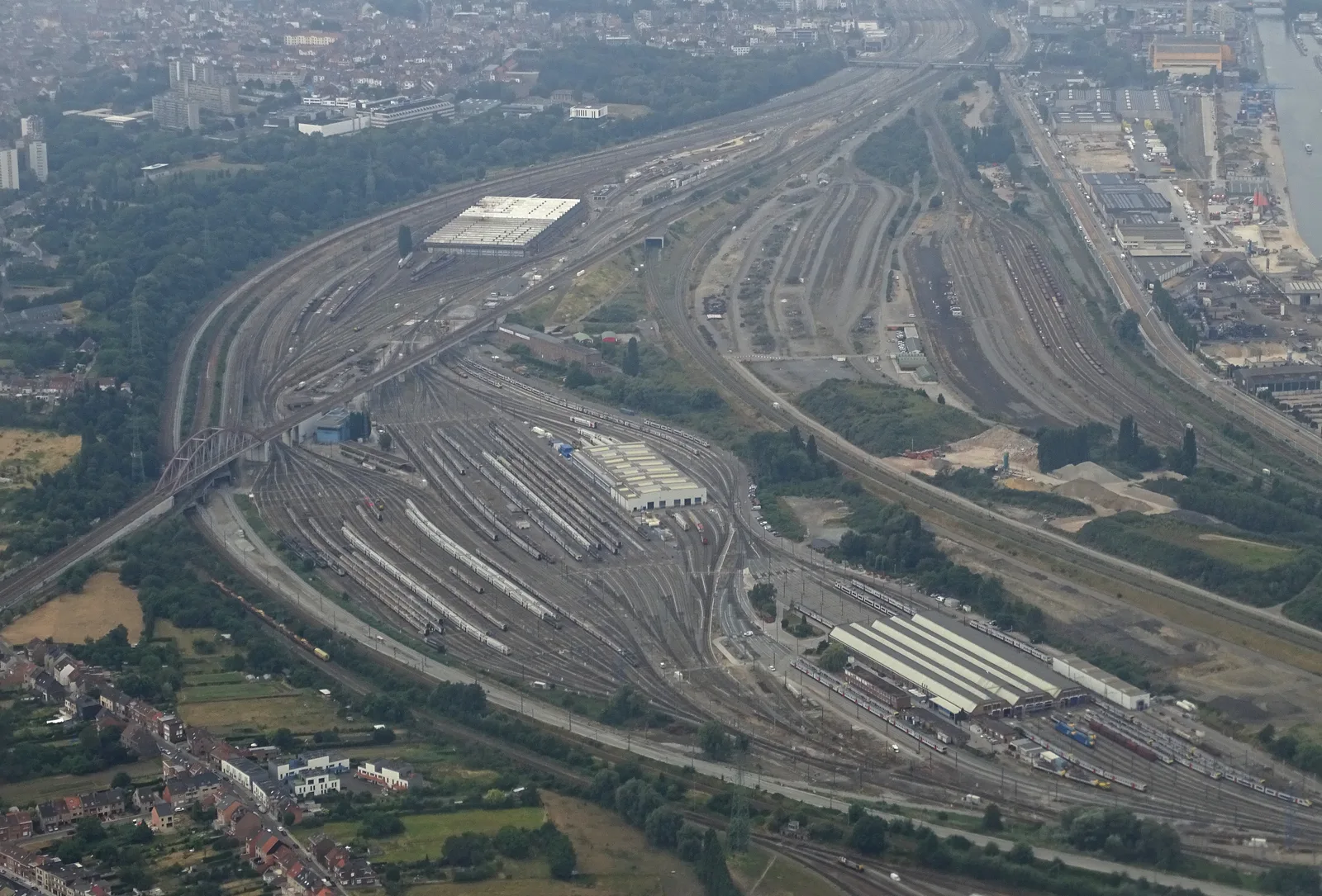 Aerial view of the vast Schaerbeek-Formation railway yard in Haren, where the abandoned bunker-hospital is hidden