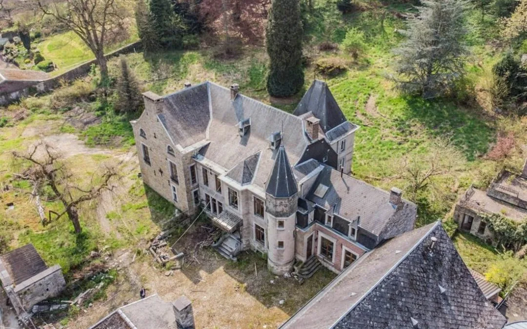 Le manoir des Thermes abandonné de Chaudfontaine vu d'en haut, vieille demeure à tourelles entourée d'arbres