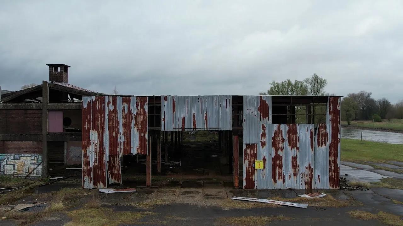 De verlaten steenfabriek Riverstone (De Groot) bij Rheden langs de IJssel, met roestige golfplaten hallen